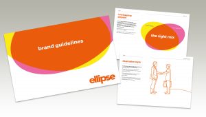 cover and two inside pages of Ellipse brand guidelines from brand redesign