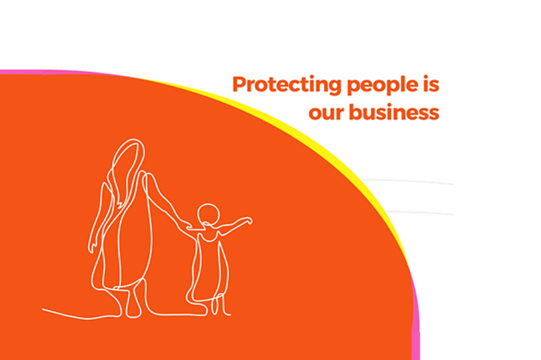 Illustration from Ellipse's brand redesign, of mother and child with text 'protecting people is our business'