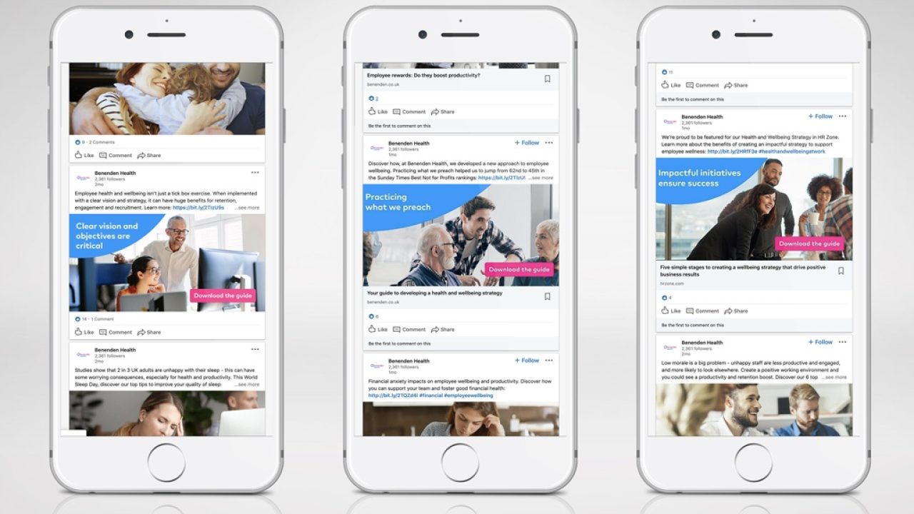 3x mobile screenshots of Benenden social content posts on LinkedIn
