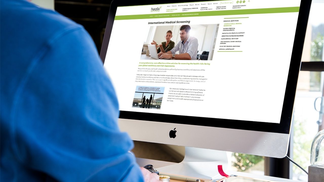Internal page of Healix website on a computer with arm of person visible
